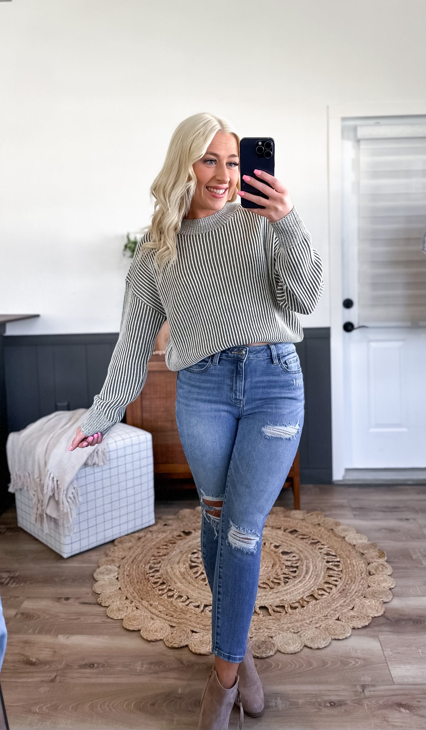 Striped Mock Neck Dropped Shoulder Sweater