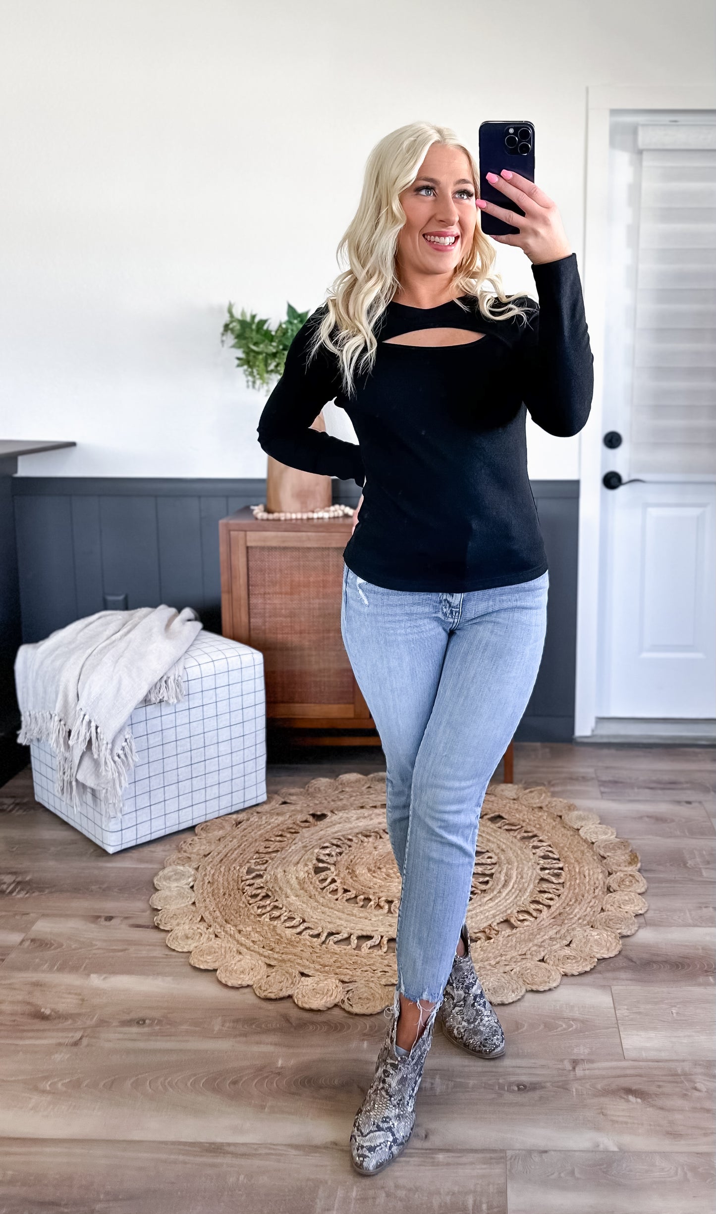 Cutout Round Neck Long Sleeve Top