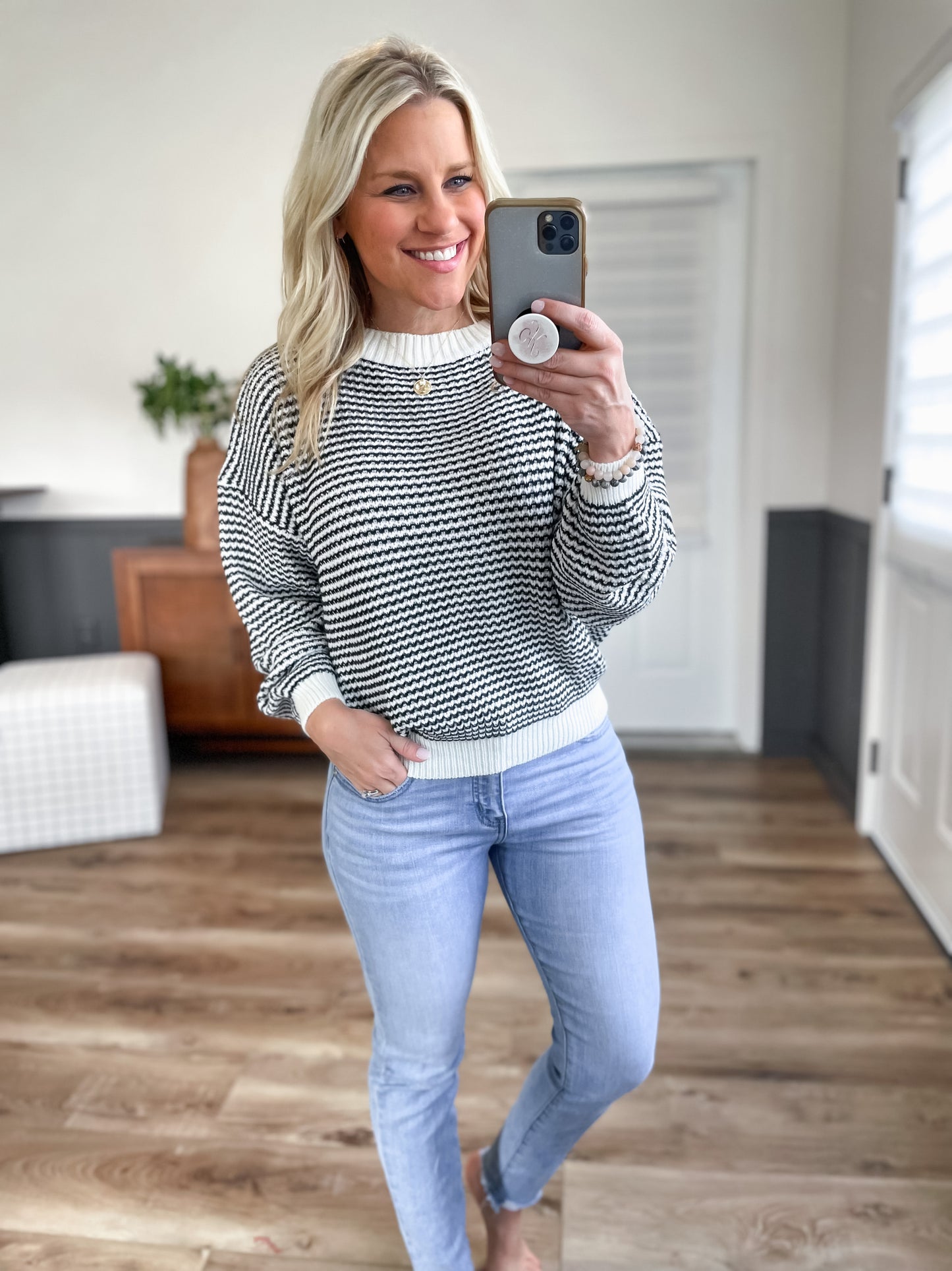 Striped Round Neck Dropped Shoulder Sweater