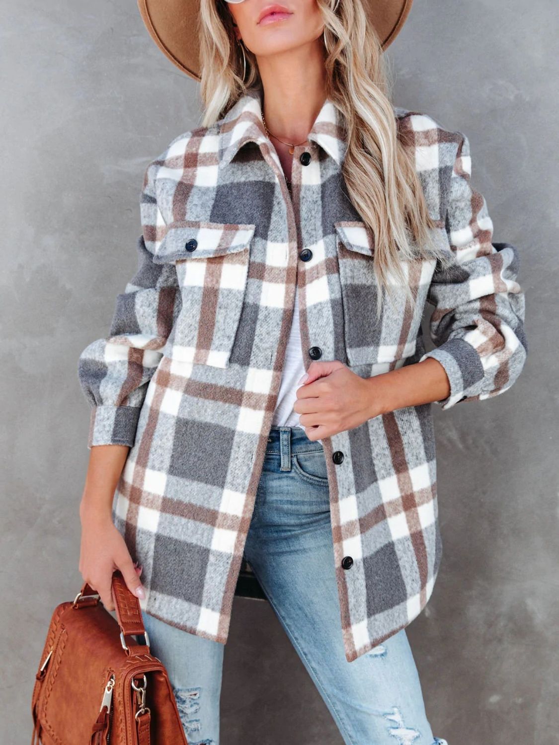 Plaid Collared Neck Long Sleeve Shacket